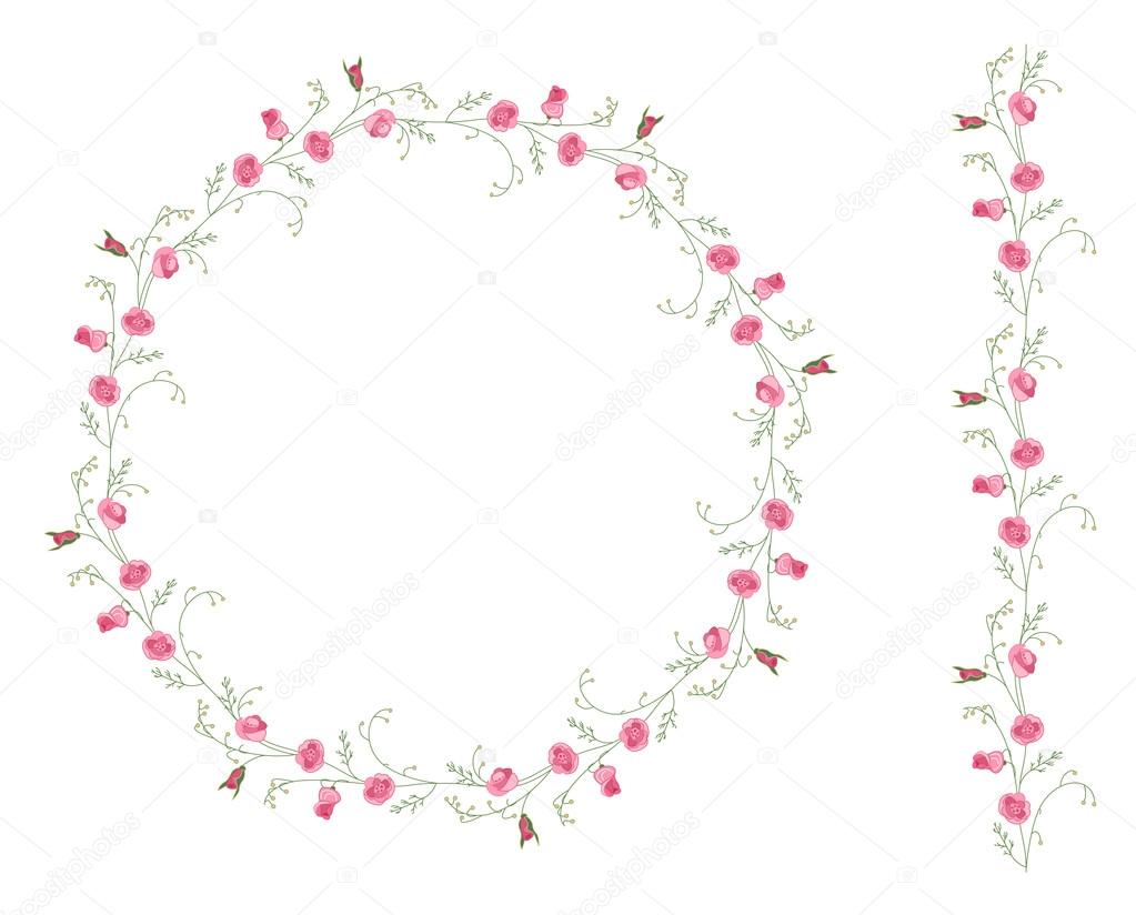 Detailed contour wreath with herbs and wild stylized flowers isolated on white.
