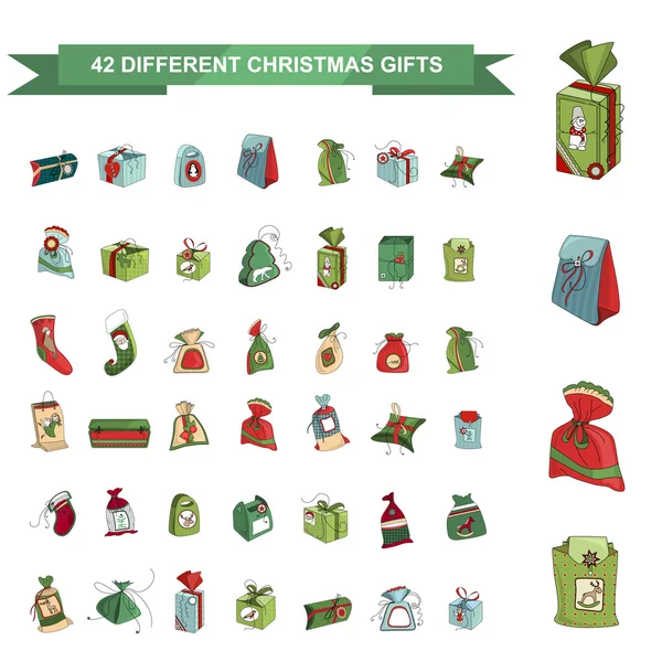 다른 크리스마스 선물 상자 세트 흰색 절연. 단순한 색상. — 스톡 벡터
