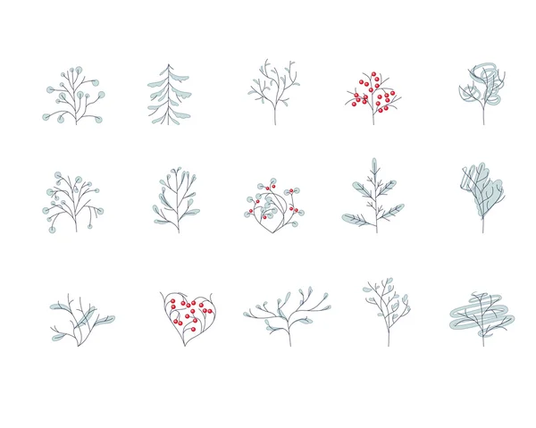 Conjunto de diferentes árboles de invierno de contorno aislados en blanco . — Archivo Imágenes Vectoriales