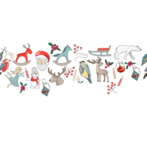 Безшовна пензлик візерунка з різдвяним декором на білому. Прості кольори. Нескінченна текстура і горизонтальна рамка для дизайну, оголошень, листівок, плакатів . — стоковий вектор