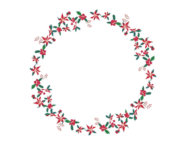 Round Christmas garland with euphorbia pulcherrima isolated on white. For Christmas design, announcements, postcards, posters. — Stock Vector