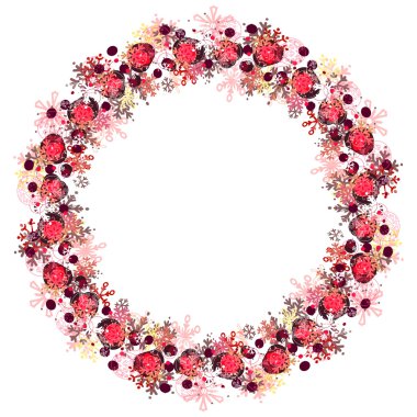 Yuvarlak çerçeve farklı kırmızı kar taneleri ile. Çelenk tasarım, Noel Duyurular, tebrik kartları, posterler için.