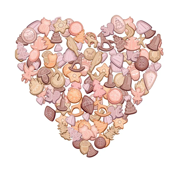 Heart made of different Christmas cookies isolated on white — Stok Vektör