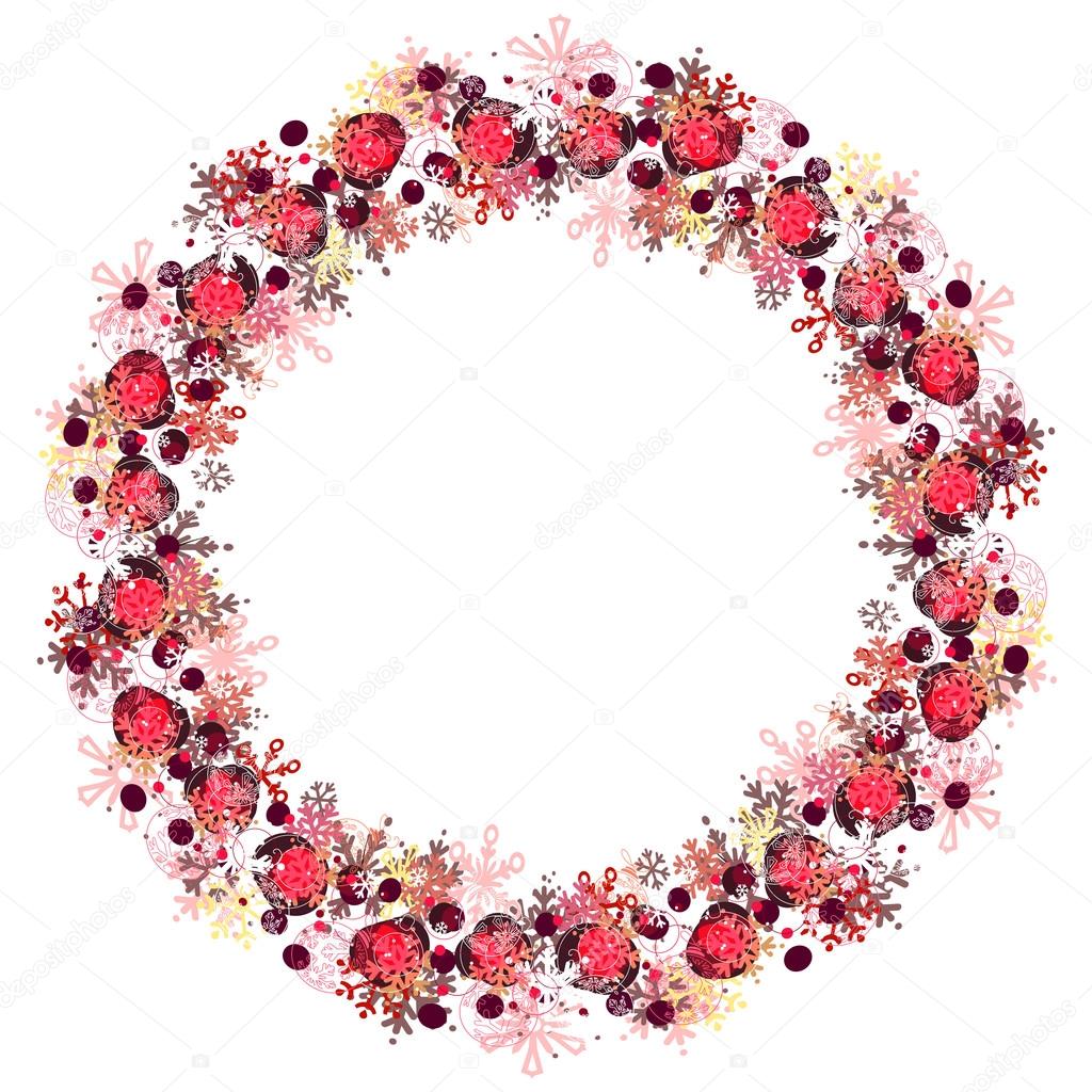 Round frame with different red snowflakes. Wreath for your design, Christmas announcements, greeting cards, posters.