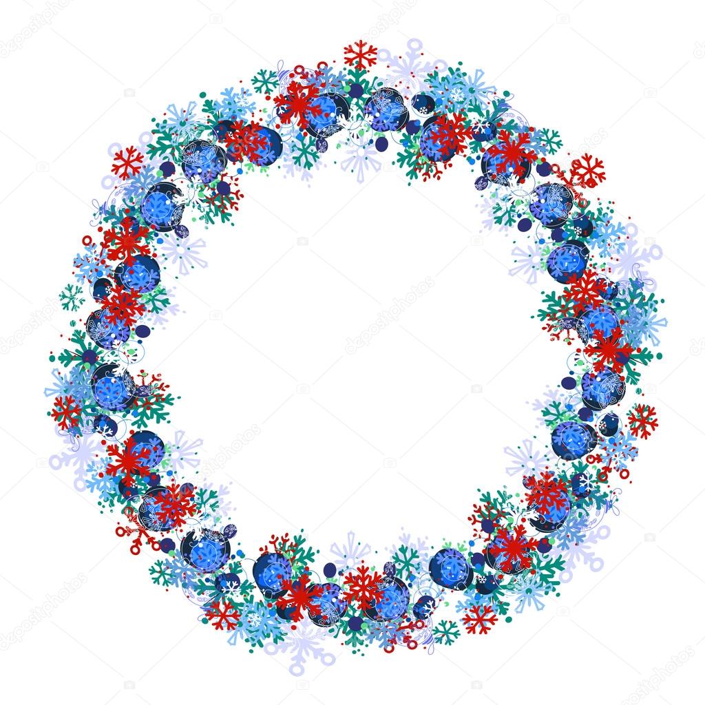 Round frame with different blue snowflakes. Wreath for your design, Christmas announcements, greeting cards, posters.