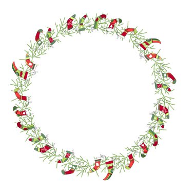 Yuvarlak Noel çelenk Santa ile izole üzerinde beyaz çorap. Festival tasarım, Duyurular, kartpostallar, posterler için.