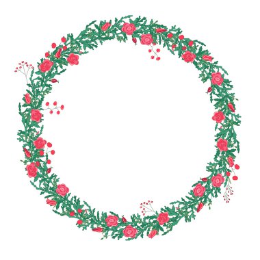 Round wreath with red roses isolated on white. For season design, announcements, postcards, posters.