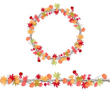 Round season wreath with autumn leaves, asters and twigs  isolated on white.