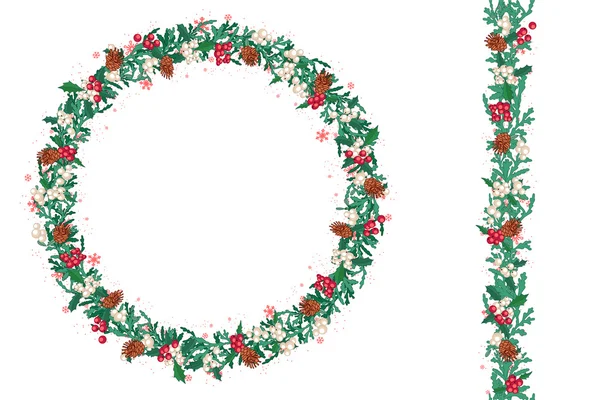 Grinalda de Natal redonda com cones de abeto e visco isolado em branco. Escova de padrão vertical sem fim. Para design festivo, anúncios, cartões postais, cartazes . — Vetor de Stock