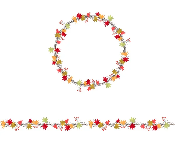 Round season wreath with maple leaves and twigs  isolated on white. Endless horizontal pattern brush. For season design, announcements, postcards, posters. — Stok Vektör