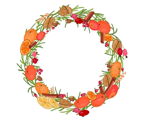 Round festive wreath with fruits, cookies, berries and leaves.  For season design, announcements, postcards, posters. — 스톡 벡터