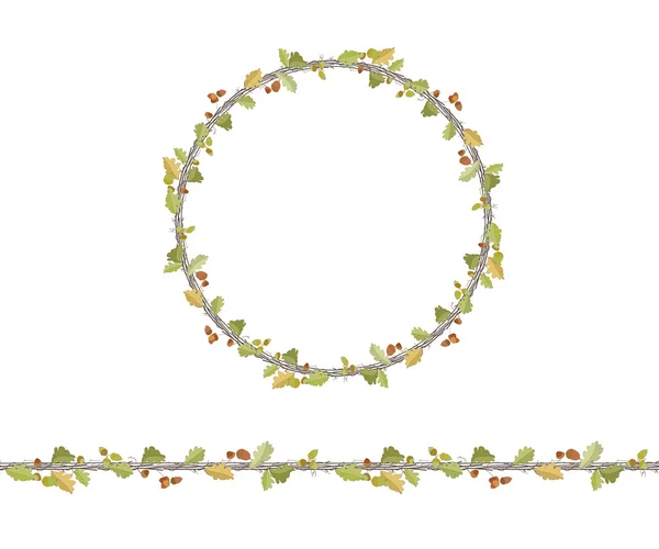 Round season wreath with oak leaves,twigs  and acorns isolated on white. Endless horizontal pattern brush. For season design, announcements, postcards, posters. — Stock vektor