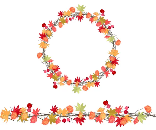 Corona de temporada redonda con hojas de otoño, astros y ramitas aisladas en blanco . — Vector de stock