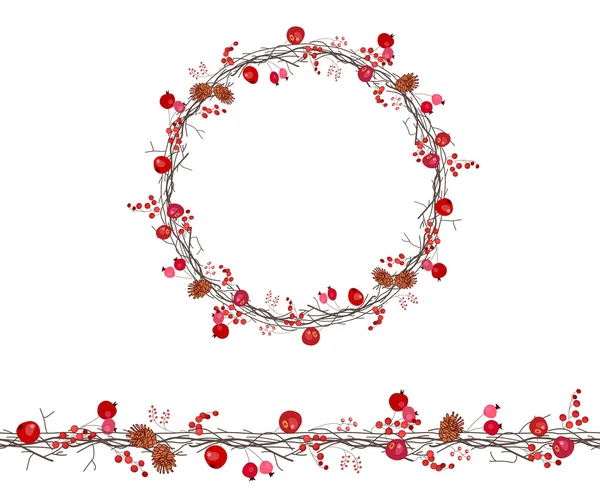 Round season wreath with berries,apples and twigs  isolated on white. — 图库矢量图片