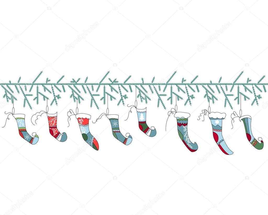 Pennello del modello senza cuciture con Babbo Natale calze su bianco Colori semplici Struttura senza fine per il disegno di Natale cartoline annunci