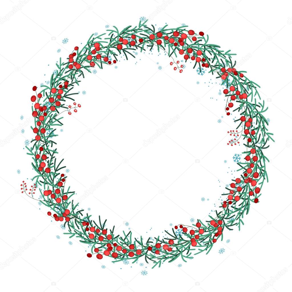 Round Christmas wreath with spruce branches and red berries  isolated on white.  For festive design, announcements, postcards, posters.