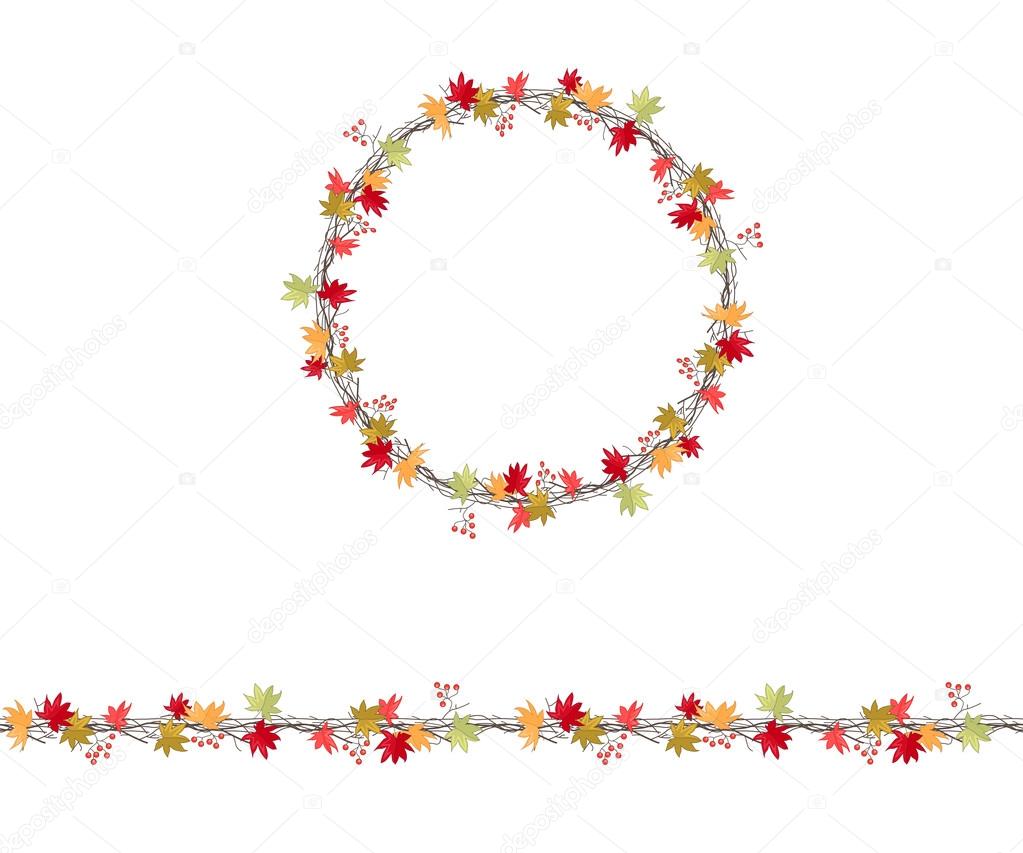 Round season wreath with maple leaves and twigs  isolated on white. Endless horizontal pattern brush. For season design, announcements, postcards, posters.