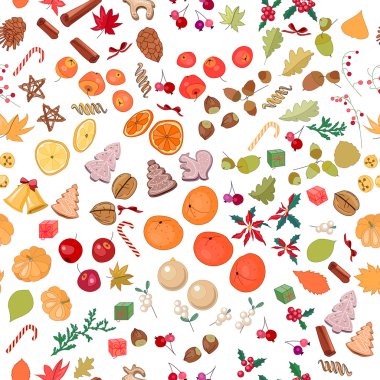 Seamless pattern with fruits, cookies, berries,spice, nuts and candies on white.
