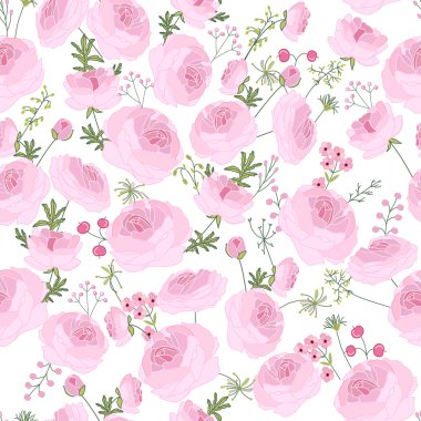 Seamless pink floral pattern with  ranunculus on white. Endless festive texture for wedding  design, announcements, postcards, posters.