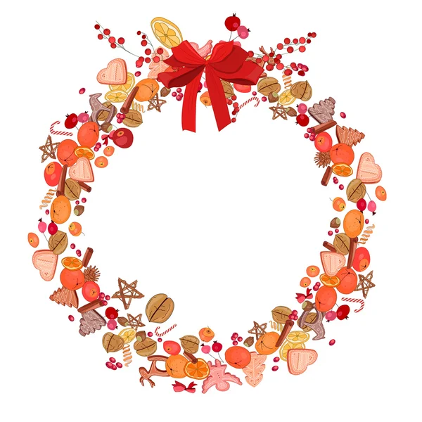 果物、クッキー、果実と葉の白で隔離と丸いお祝い花輪。季節のデザイン、お知らせ、はがき、ポスターの. — ストックベクタ