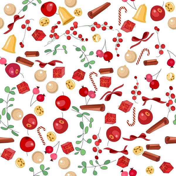 Seamless Christmas pattern with fruits, balls and gift boxes on white. Endless festive texture for design, announcements, postcards, posters. — Stock Vector