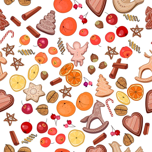 Seamless Christmas pattern with mandarines, cookies and apples on white. Endless festive texture for design, announcements, postcards, posters. — Stockvector