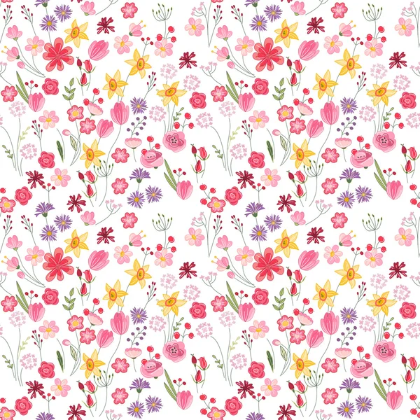 Naadloze heldere floral patroon met verschillende bloemen. Eindeloze textuur voor ontwerp, aankondigingen, ansichtkaarten, posters. — Stockvector