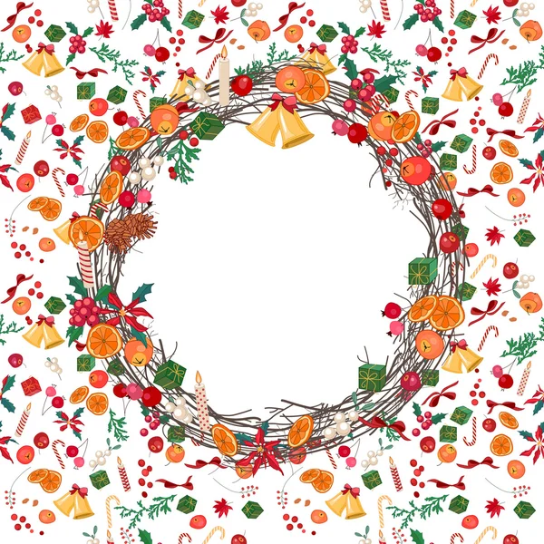 Round festive Christmas wreath with fruits, berries and leaves.  For season design, announcements, postcards, posters. — 图库矢量图片