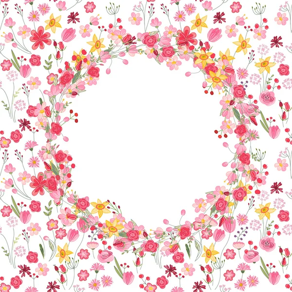 Round summer wreath with roses and different flowers. For season design, announcements, postcards, posters. — Stockový vektor