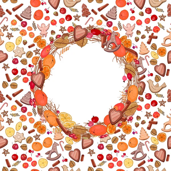 Round festive wreath with fruits, cookies, berries and leaves.  For season design, announcements, postcards, posters. — Διανυσματικό Αρχείο