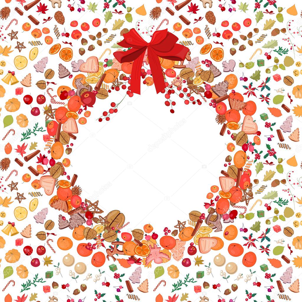 Round festive wreath with fruits, cookies, berries and leaves isolated on white.  For season design, announcements, postcards, posters.