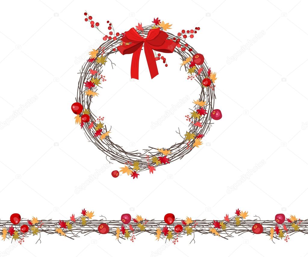 Round autumn wreath with berries and apples isolated on white. Endless horizontal pattern brush. For season design, announcements, postcards, posters.