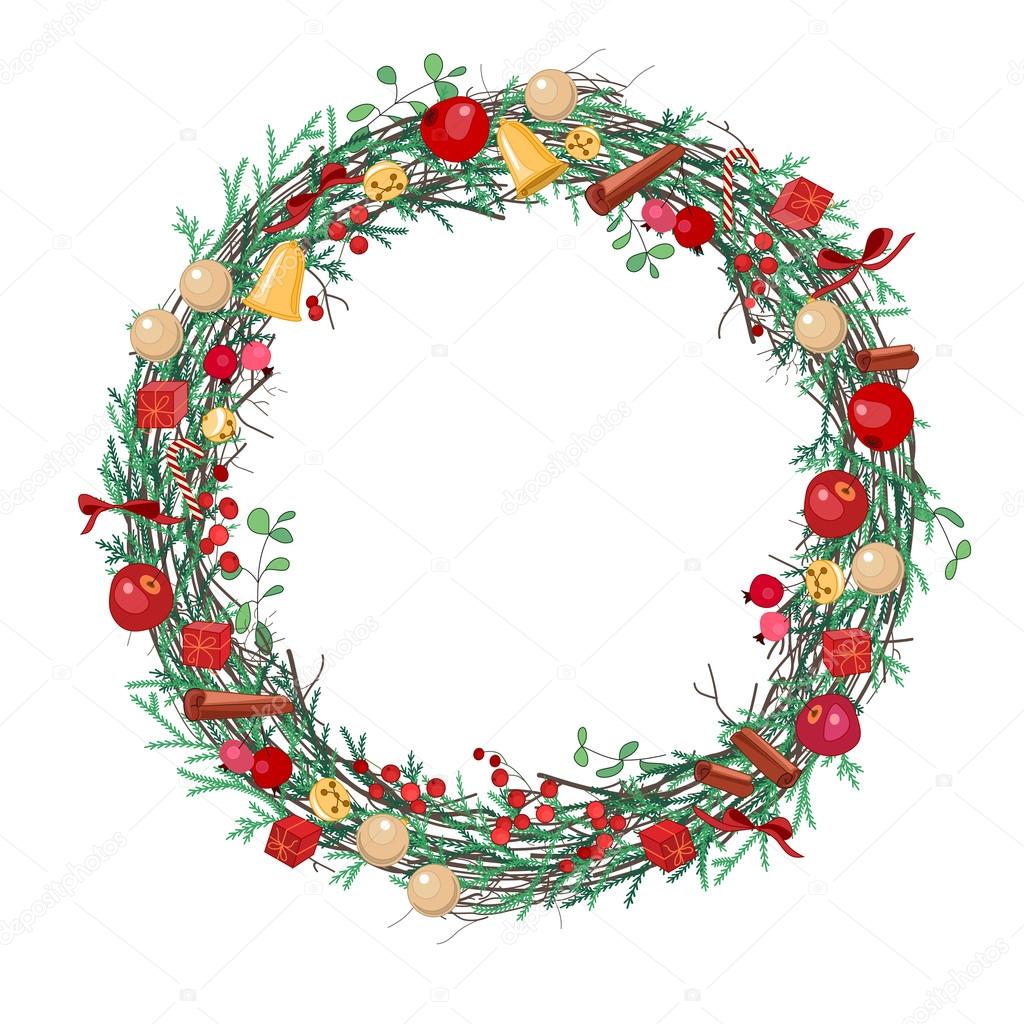 Round Christmas wreath with fir branches, balls and bows on white. Frame for festive design, announcements, postcards, posters.