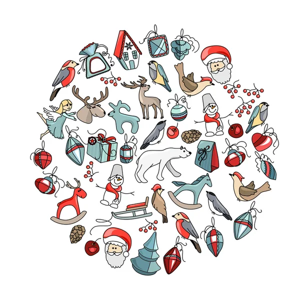 Декоративне коло з різним різдвяним оздобленням. Для вашого дизайну, різдвяних оголошень, вітальних листівок, плакатів . — стоковий вектор