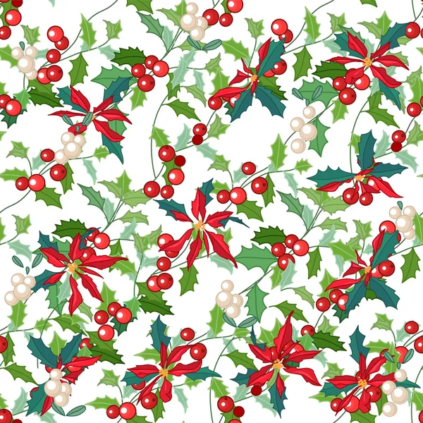 Seamless pattern with holly branches and Christmas star flowers. For season design, announcements, postcards, posters. — Stock Vector