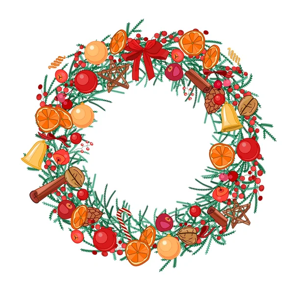 Round festive wreath with fruits, cookies, berries and leaves isolated on white.  For season design, announcements, postcards, posters. — Stock Vector