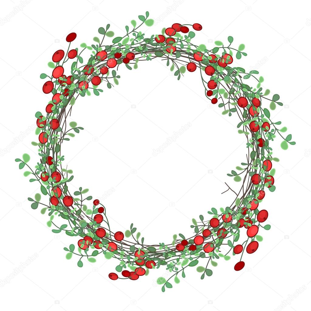 Round Christmas wreath with mistletoe branches isolated on white. For festive design, announcements, postcards, invitations, posters.