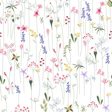 Seamless bright floral pattern with  different flowers. Endless texture for design, announcements, postcards, posters.
