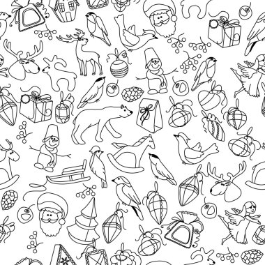 Farklı siyah beyaz nesneler ve hayvanlar ile Seamless Noel modeli. Tasarım, Duyurular, kartpostallar, posterler için sonsuz şenlikli doku.