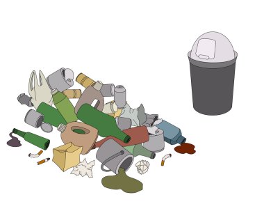 Çöp ve çöp kutusu beyaz izole çeşitleri