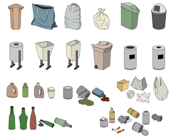 Différents types de déchets et varios poubelles isolées sur blanc — Image vectorielle