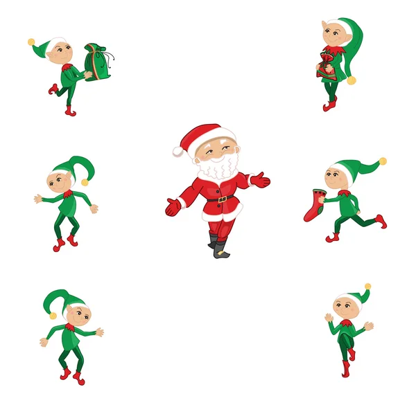 Santa and Christmas elfs on white — Stock Vector