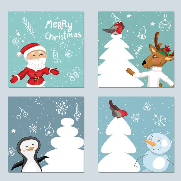 Cuatro plantillas cuadradas con personajes navideños . — Archivo Imágenes Vectoriales