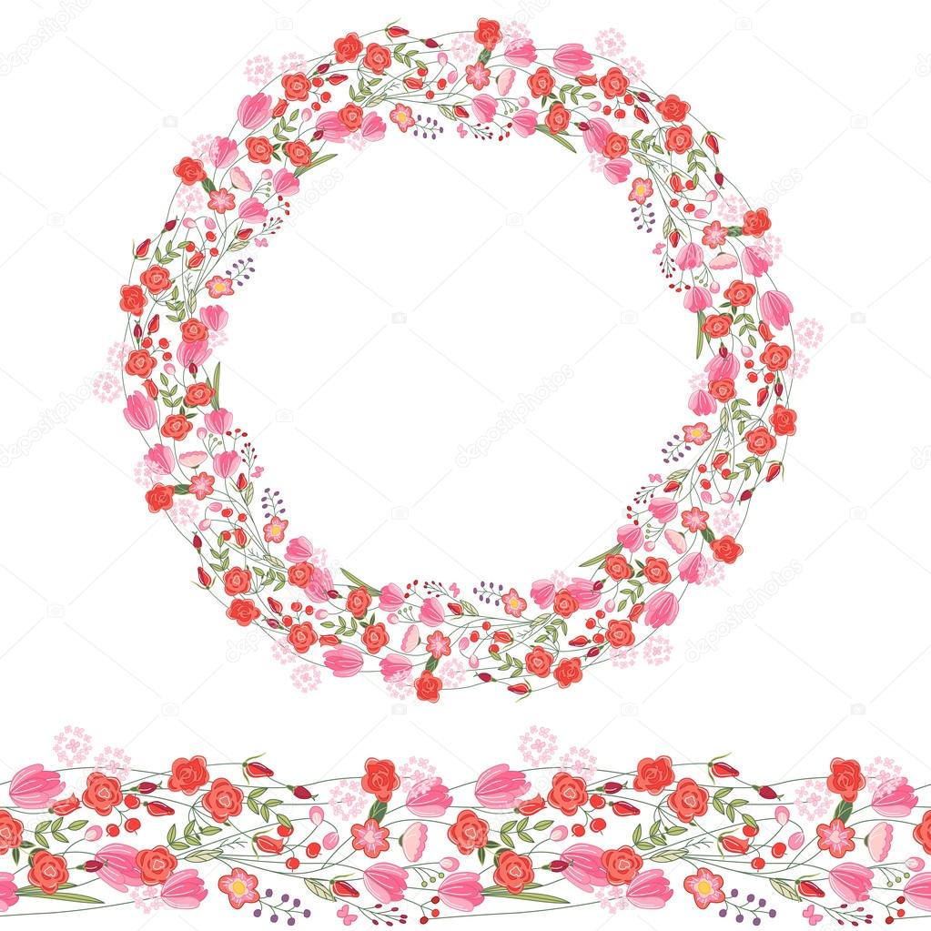 Round garland and seamless pattern brush with romantic pink flowers. For season design, announcements, postcards, posters.