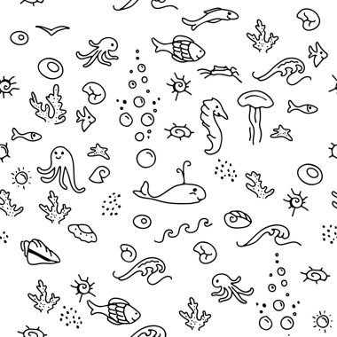 Simple seamless pattern with shells. Black and white colors. Endless texture for your design, announcements, postcards, posters.