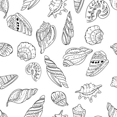Seamless marine pattern with shells.Black and white colors. Endless texture for your design, announcements, postcards, posters.