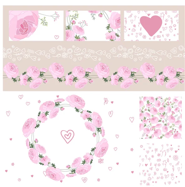 Plantillas florales de boda y San Valentín con rosas rosadas. Para el diseño romántico, anuncios, postales, carteles . — Vector de stock