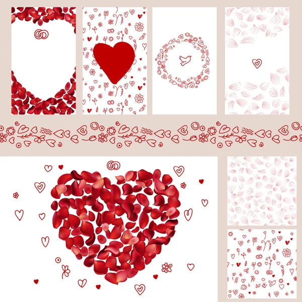 Wedding and Valentine's floral templates with red rose petals. For romantic design, announcements, postcards, posters. — ストックベクタ
