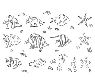 Set with sea fishes. Contour. Black and white.
