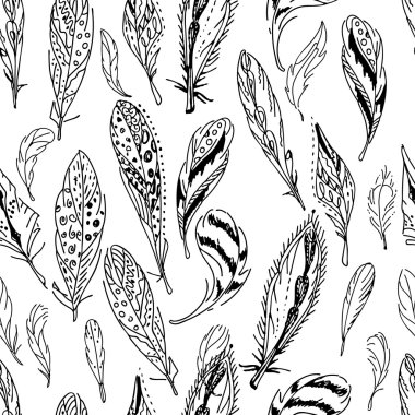 Dikişsiz desen tüyleri ile. Siyah ve beyaz. Tasarım, Duyurular, kartpostallar, posterler için sonsuz doku.